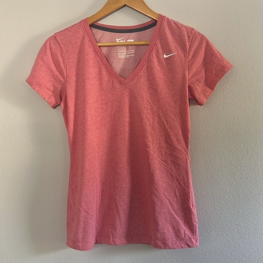NIKE Dri-Fit Pink Heather Blend V Neck Athletic Tee